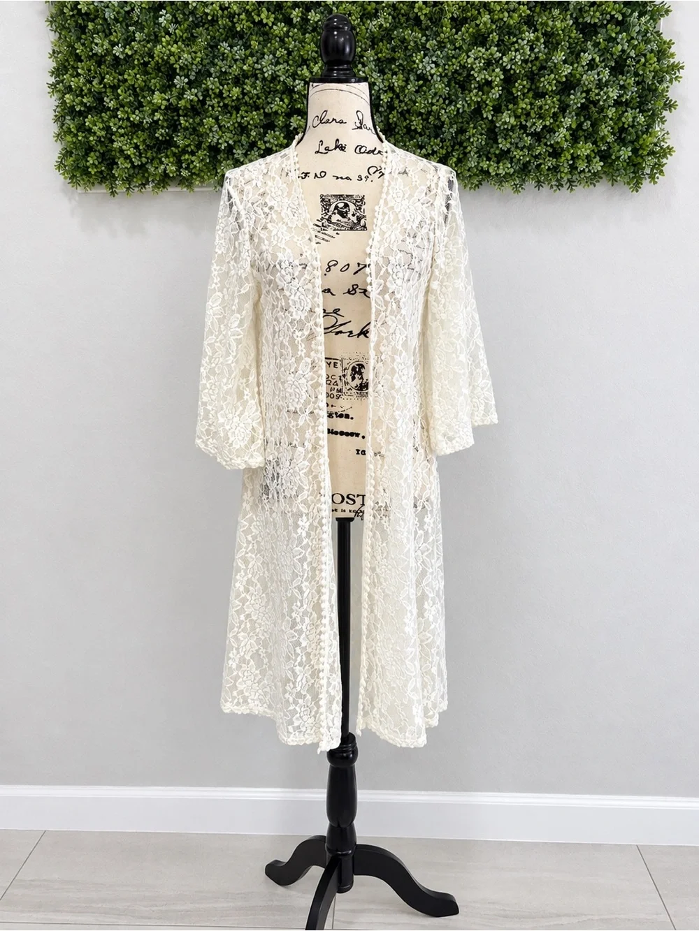 Ivory Floral Lace Kimono Beach Cover Up Boho Size L